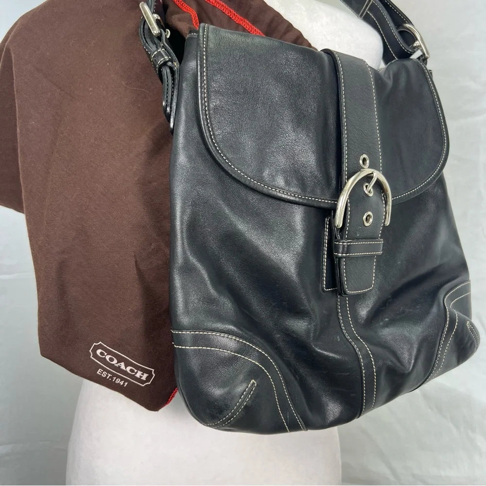 Coach black leather shoulder bag with adjustable strap and silver hardware. - Picture 10 of 11